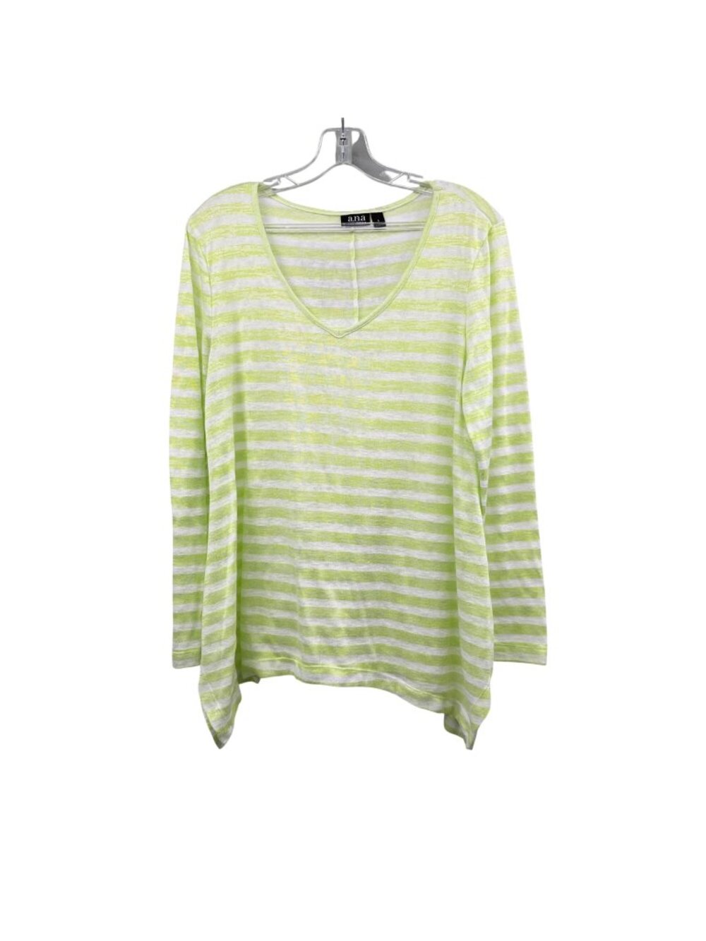 A.N.A A New Approach Neon Green/White Striped Sheer Top Long Sleeve Size Large